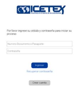 Pantalla para logearse en el ICETEX y optar a becas desde Colombia. Inscripciones icetex 2024